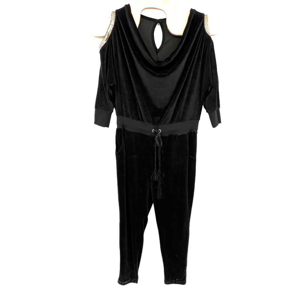 VTG Y2K Baby Phat Black Velour Gold Shoulder Cutouts Jumpsuit 1x